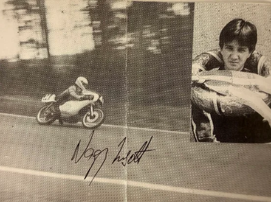 Newspaper clipping: Zsolt on a racing motorcycle and a portrait of him, signed “Nagy Zsolt”
