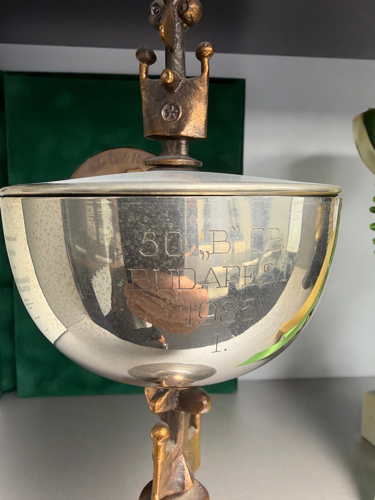 A silver cup engraved with the Budapest 1985 national championship, 50 cc class B, first place